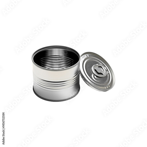 Opened empty metal tin can with a partially attache png