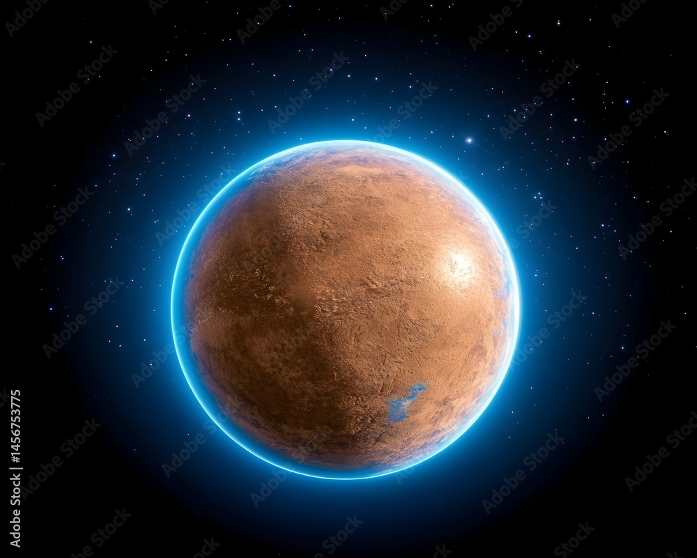 Naklejka premium A vibrant, reddish-brown planet glows with a bright blue aura against a star-studded black backdrop