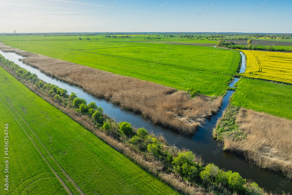Naklejka premium Amazing view of Żuławy in Poland. Late afternoon. Fields, polders, rivers. Spring in full swing.