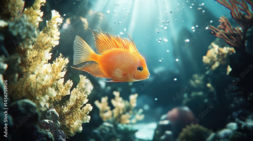 Fototapeta premium Orange fish in a vibrant aquarium. Sunbeams penetrate the water, highlighting the coral and fish