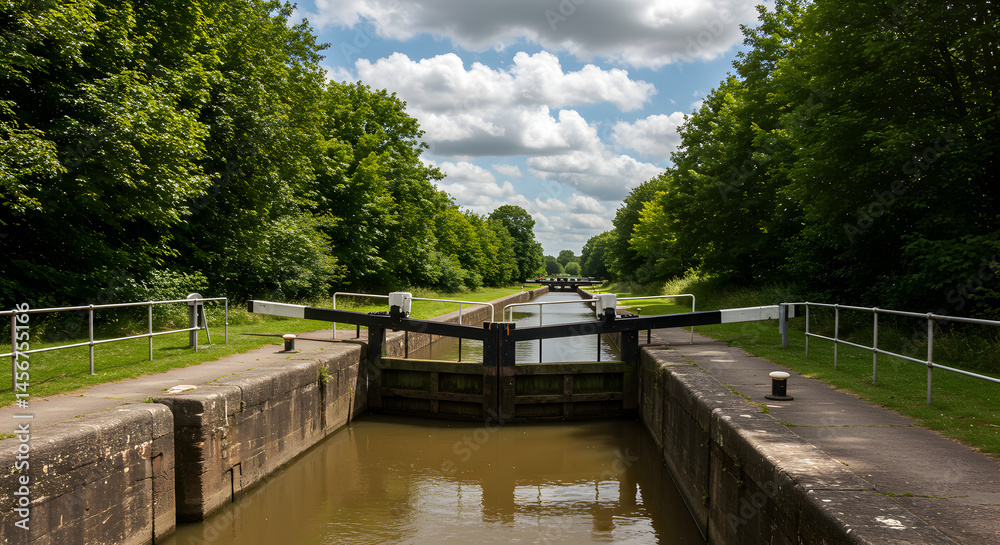 Fototapeta premium Picturesque Narrow Canal Lock with Stone Embankments and Green Canopy Under Cloudy Skies