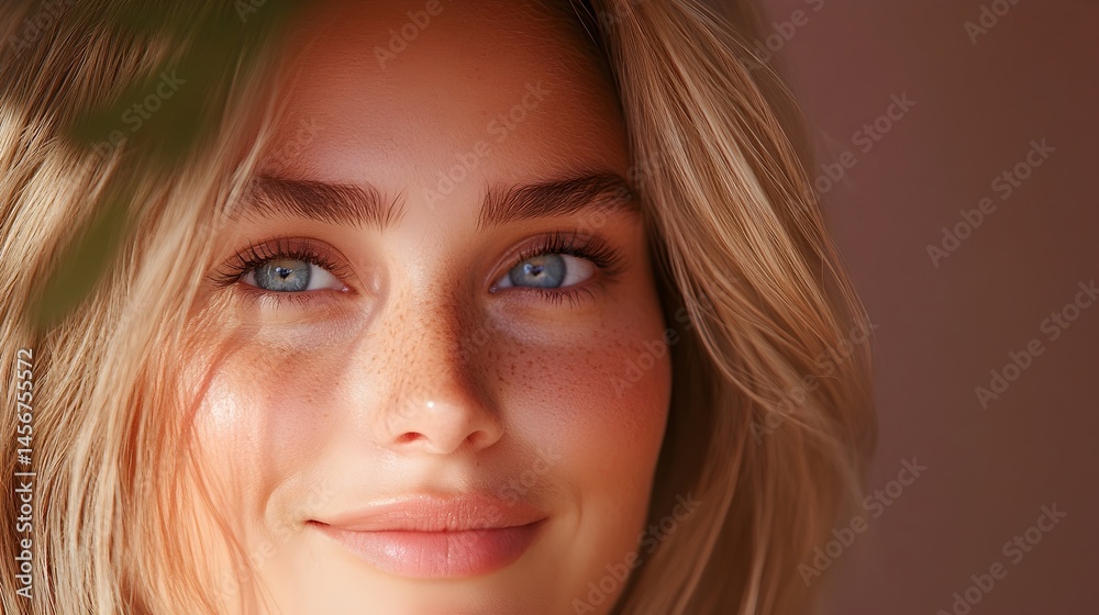 Close-up portrait of a woman with light blonde hair, blue eyes, and freckles, subtly smiling against a muted background Close-up portrait of a woman with light blonde hair, blue eyes, and freckles, subtly smiling against a muted background