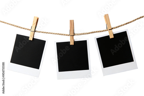 A row of five Polaroid frames pinned on a rope with clothespins, showcasing simplicity and an anticipation of cherished memories, isolated on a transparent background