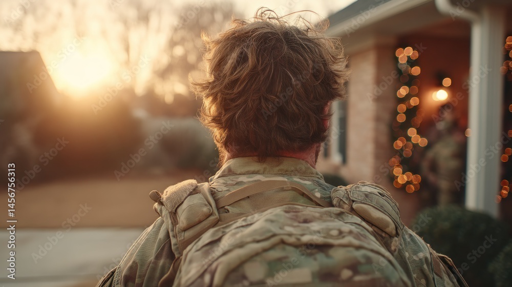 Obraz premium Soldier returns home at sunset to welcoming family