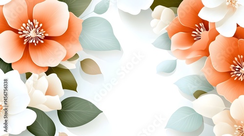 Elegant floral arrangement with peach and white blossoms, green leaves, and a blank center space ideal for text or design