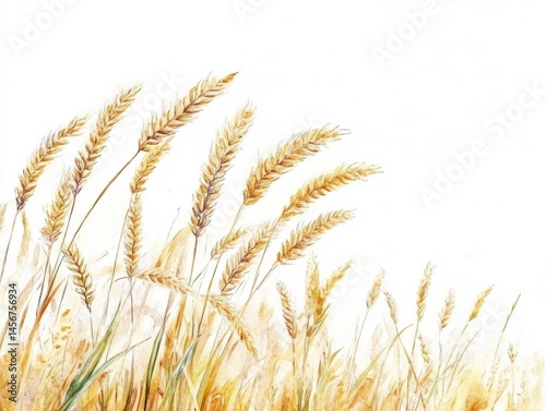 Watercolor painting of wheat field with golden ears of grain waving in the wind on a bright sunny day artistic illustration