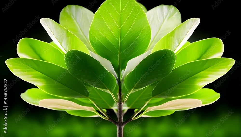 Fototapeta premium Lush green leaves arranged symmetrically around a central stem, set against a dark background