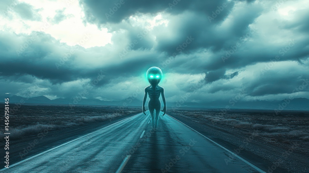 Obraz premium Alien figure walking on a lonely highway at night.
