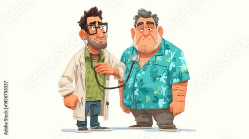 a doctor checking lungs of elder patient with stethoscope ,hand drawing cartoon 2d,funny,issolated on white background