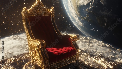 Regal Throne Above Earth: A cosmic vision of opulence and power. photo