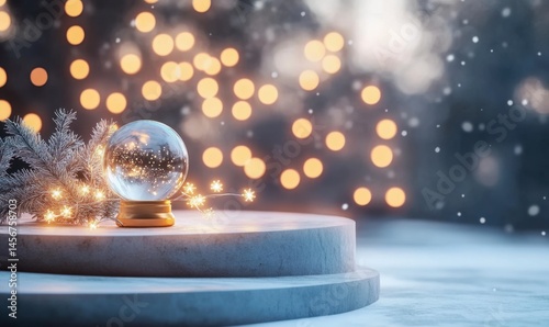 Snow globe with sparkling lights and winter decorations in background