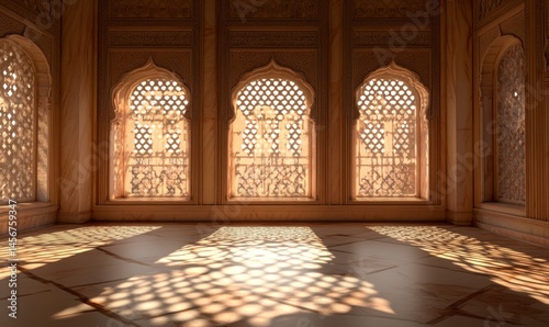 Intricate Patterns of Light Through Ornate Windows in Historical Interior