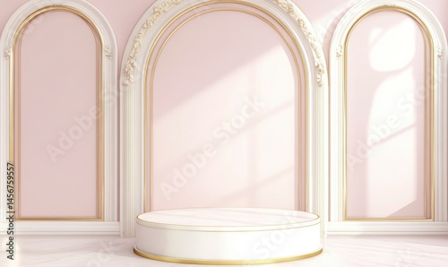 Elegant pastel interior design with arches and circular platform