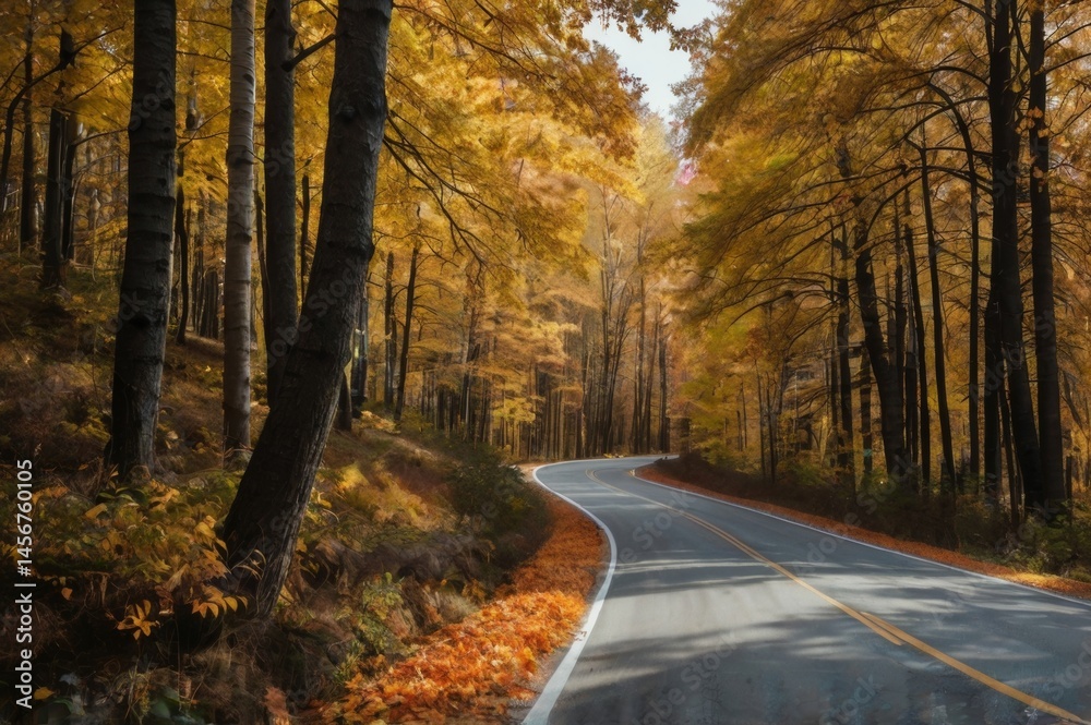 Obraz premium Car driving on picturesque autumn road surrounded by trees