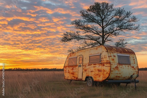 Wallpaper Mural  Rusty trailer parked in open field under vibrant sunset sky, scene blends nostalgia, solitude, and rustic countryside charm. Torontodigital.ca