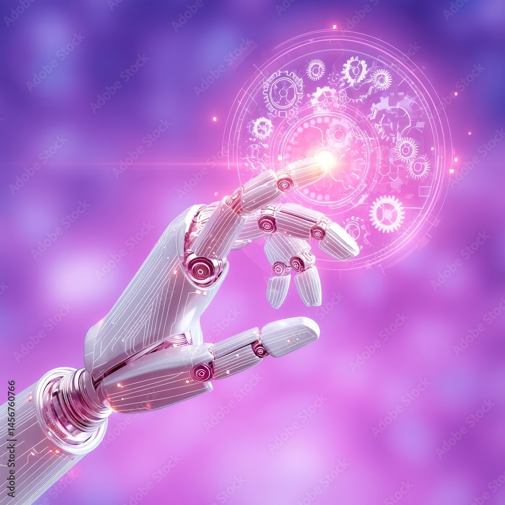 Fototapeta premium Robotic hand interacting with holographic display futuristic setting digital art closeup perspective technology concepts
