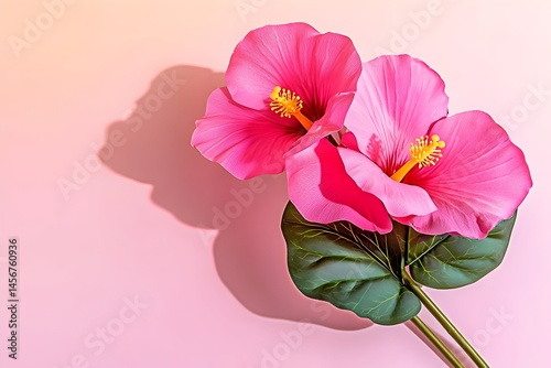 Two vibrant pink flowers with green leaves, cast a shadow on a soft pink background