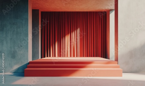 Modern Stage Design with Red Curtains and Geometric Elements