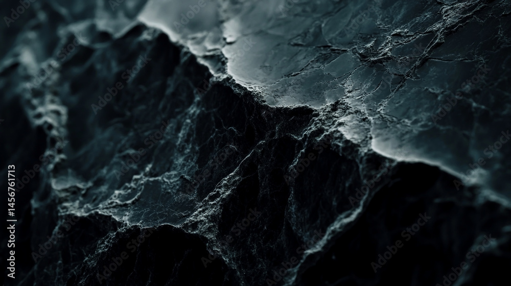 Naklejka premium Close-up of the dark gray marble surface, showcasing its intricate veining and texture. The background is blurred to highlight the stone's features