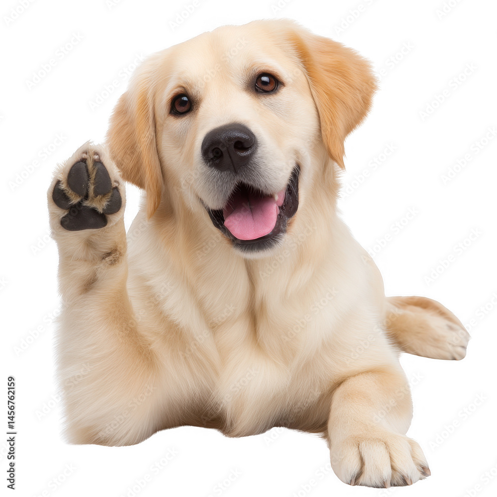 A friendly golden retriever waving its paw with a joyful expression, set against a white isolated background.