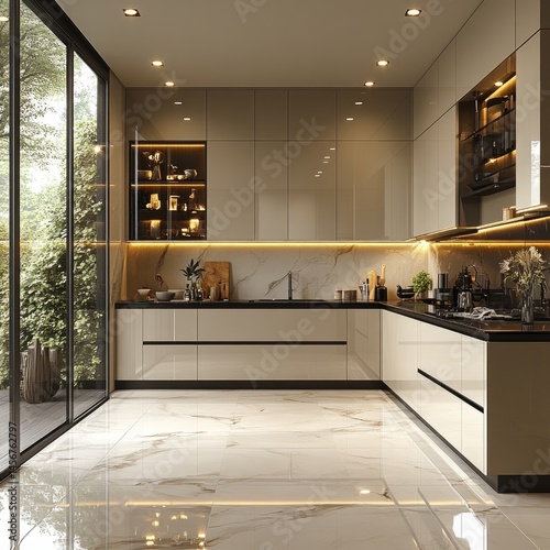 Modern L-shaped kitchen with marble floor, garden view