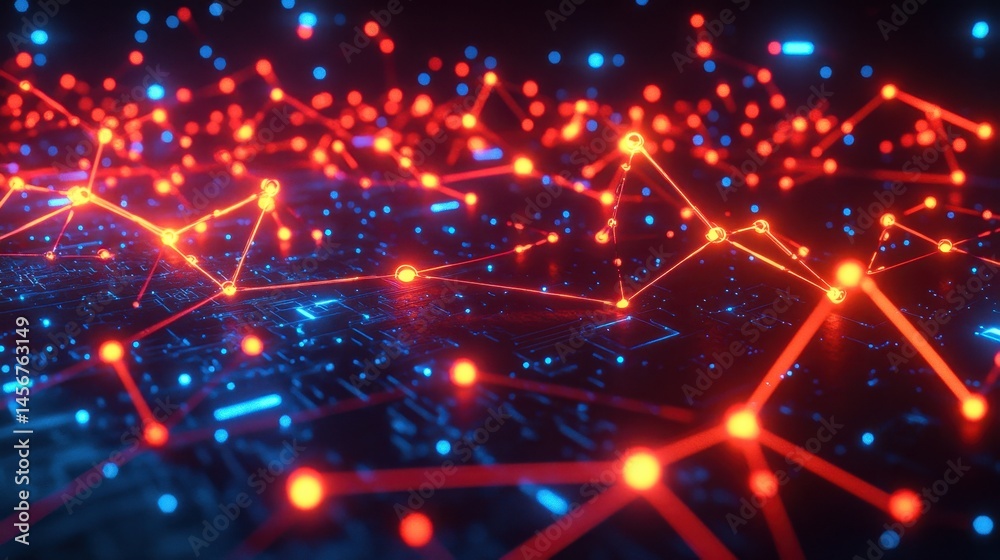 Fototapeta premium Abstract network background with glowing red nodes connected by lines over a blue circuit board pattern, symbolizing connectivity, technology, and data transmission.