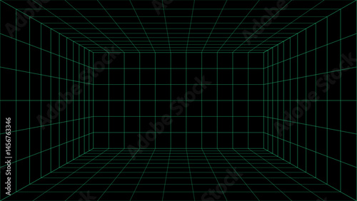 Futuristic perspective grid box. Abstract wireframe with green grid line on black background. Virtual reality landscape in 80s 90s digital style.