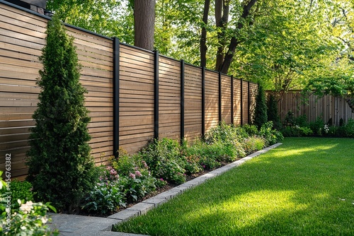  Modern horizontal slat wooden fence backyard garden rich cedar panels warm tone evenly black metal posts surrounding lush green lawn raised flower beds sunlight shadows