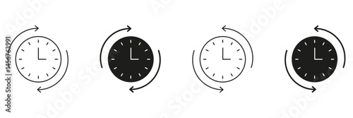 Clock With Arrows Line And Solid Icon Set. Time Management, Scheduling, And Cycle Rotation Symbol Collection. Concept Of Efficiency And Planning. Isolated Vector Illustration