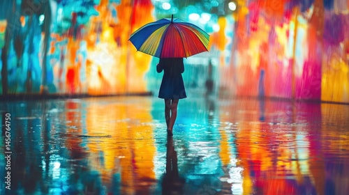 Wallpaper Mural A solitary figure walks in a vibrant, rainy city at night Torontodigital.ca