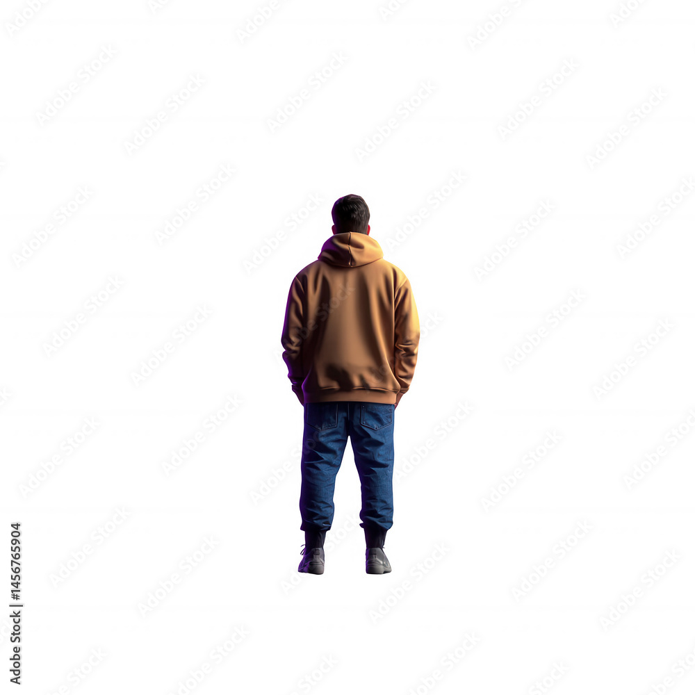 A person standing with their back to the camera, wearing a brown hoodie and blue jeans against a white isolate background. A person standing with their back to the camera, wearing a brown hoodie and blue jeans against a white isolate background.