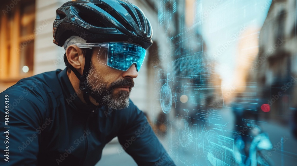 Cyclist with High-Tech Helmet and Augmented Reality Glasses in Action Cyclist with High-Tech Helmet and Augmented Reality Glasses in Action