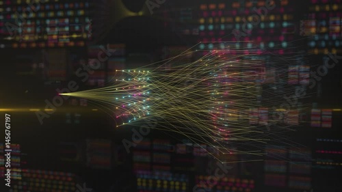 Futuristic Visualization Of Data Flow And Neural Network Activity In A Virtual Environment. Conceptual Animation Representing Machine Learning And Artificial Intelligence Processes.
