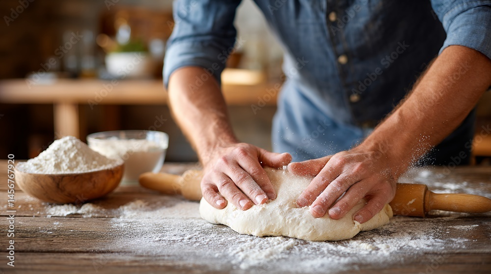 Man Kneading Dough on Rustic Wooden Table in Home Kitchen Man Kneading Dough on Rustic Wooden Table in Home Kitchen