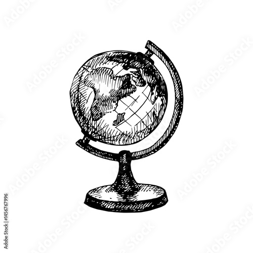 Vintage globe sketch. Educational, travel-themed, decor or school design. Hand drawn vector illustration. Not AI generation
