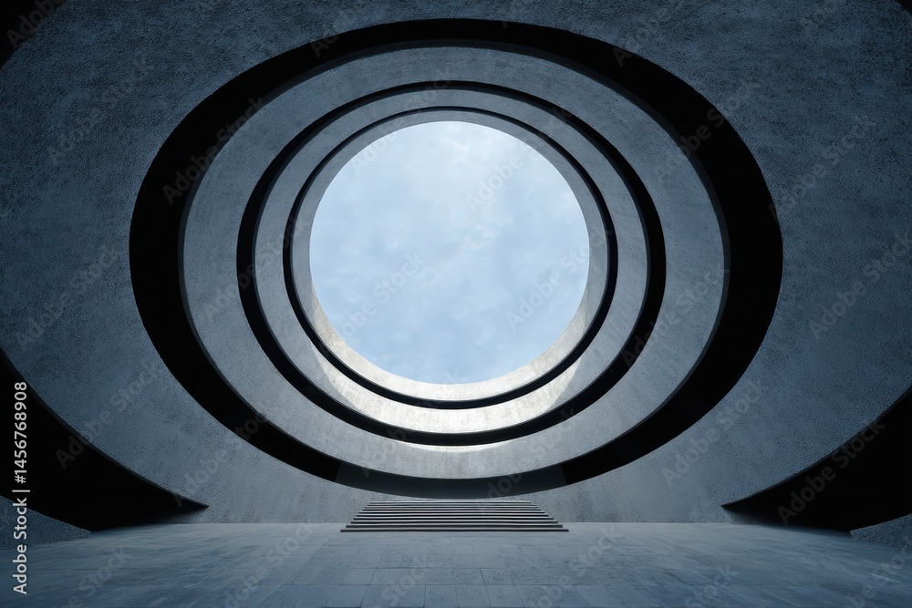 A circular skylight framed by concentric architectural rings, viewed from below, with natural light illuminating stone steps.