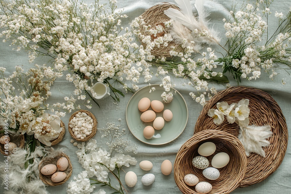  Overhead view Easter-themed spring flat lay pastel-toned tabletop decorated painted eggs delicate blossoms wicker baskets linen tablecloth