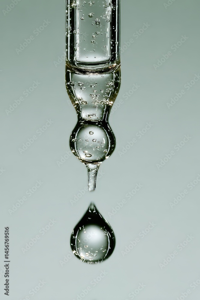 A clear glass dropper releasing a single drop of liquid against a plain background.