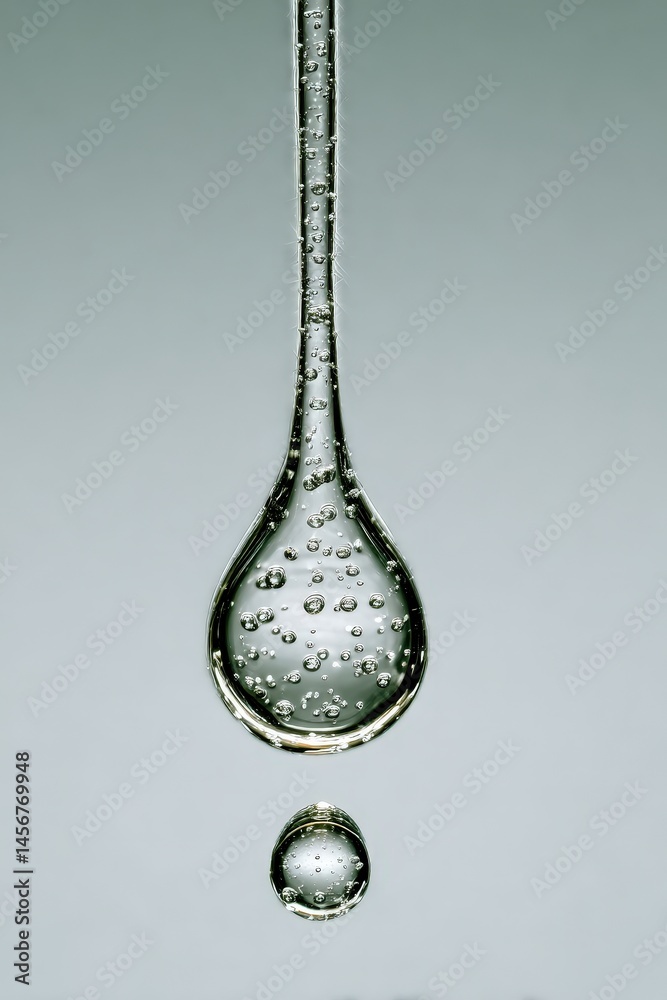 A single droplet of water falls from a suspended liquid, captured mid-air with bubbles inside.