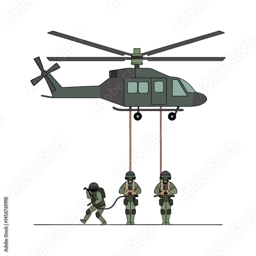 A military helicopter hovers above ground troops, illustrating a tactical air assault operation.