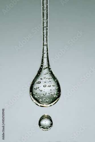 Obraz na płótnie A single droplet of water falls from a suspended liquid, captured mid-air with bubbles inside. w salonie