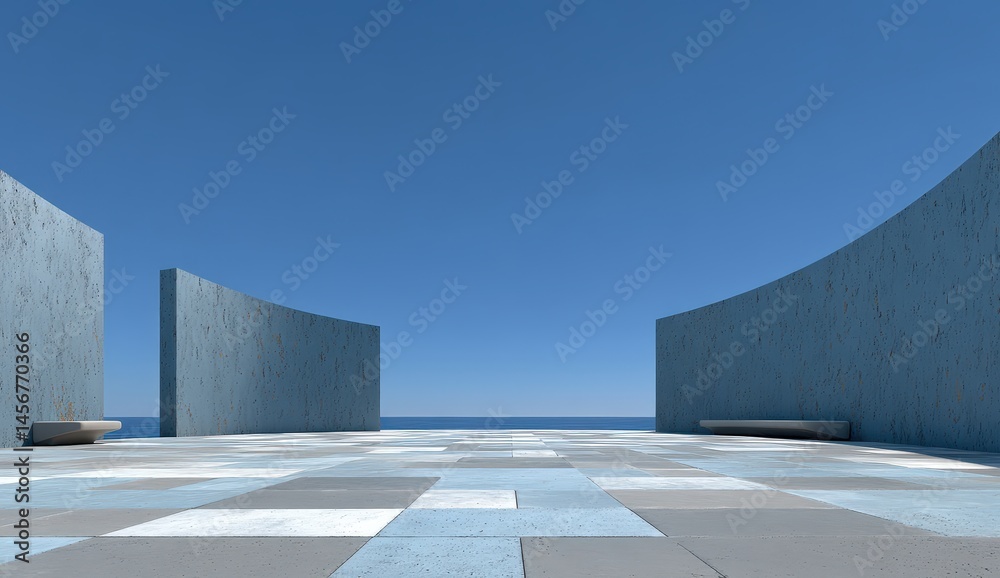 Minimalist open plaza with curved blue walls, geometric tiles, benches, and a clear view of the sea under a cloudless sky.