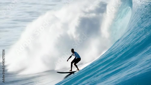 Man surfing down a massive wave with a huge plume of white water, ocean, and blue sky in the background, capturing the thrill of extreme sports.