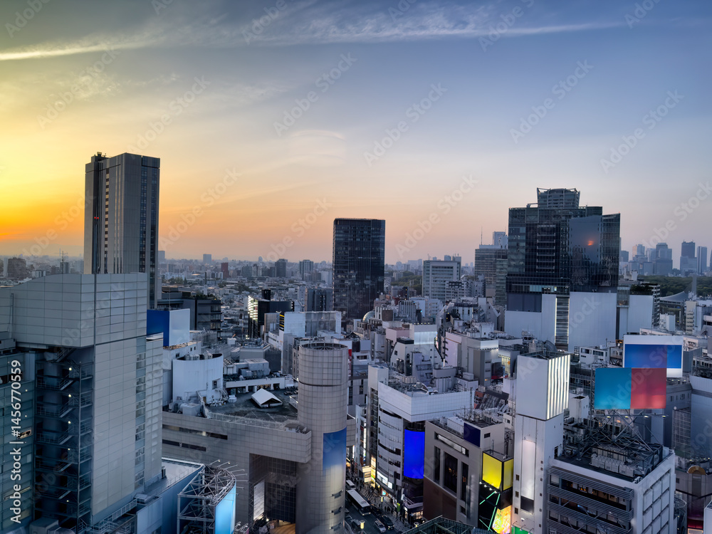Sunset over Tokyo Shibuya city Japan during a late season spring day
