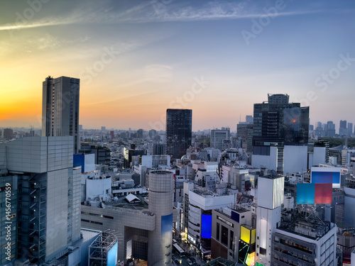Sunset over Tokyo Shibuya city Japan during a late season spring day