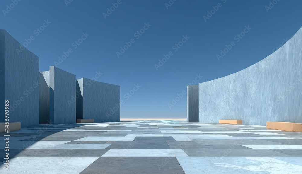 Minimalist blue architectural space with geometric walls, benches, and a patterned plaza under a clear sky.