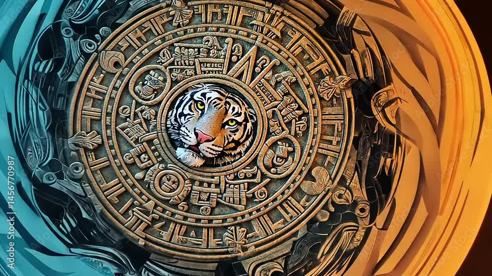 Mystical Mayan Tiger: A Digital Artwork of a White Tiger Emblazoned on an Aztec Calendar Mystical Mayan Tiger: A Digital Artwork of a White Tiger Emblazoned on an Aztec Calendar