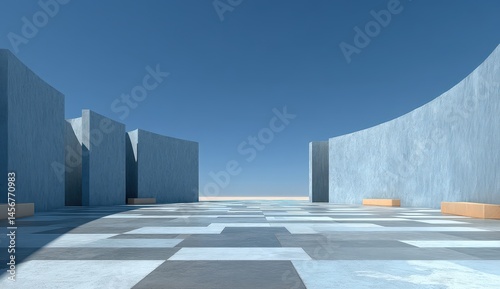 Obraz na płótnie Minimalist blue architectural space with geometric walls, benches, and a patterned plaza under a clear sky. w salonie