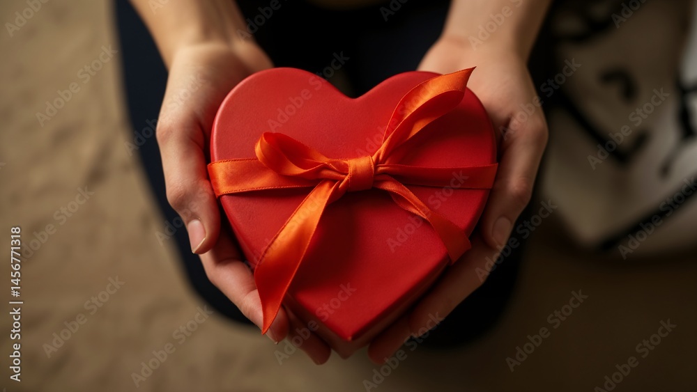 A person holding a red heart shaped box with a bow. A person holding a red heart shaped box with a bow.