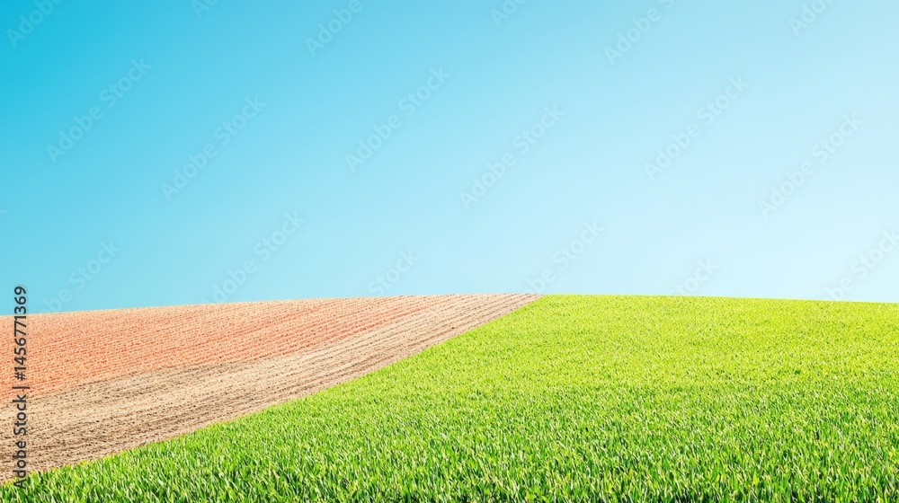 Obraz premium Wide landscape view of vibrant green grass and brown soil fields contrasting under clear blue sky du daytime, emphasizing nature and agricultural scenery